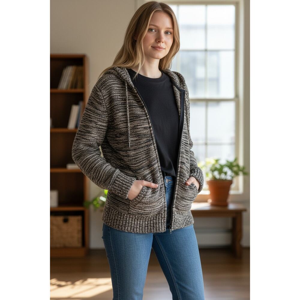 Abercrombie & Fitch Gray Black Cream Marled Wool Full Zip Cardigan Sweater Sz XS